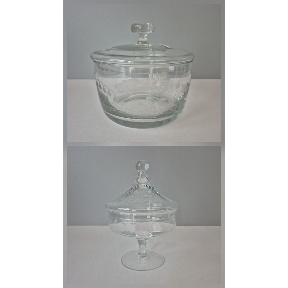VTG Princess House Heritage Crystal Etched Floral Covered Dishes Bowls Set of 2